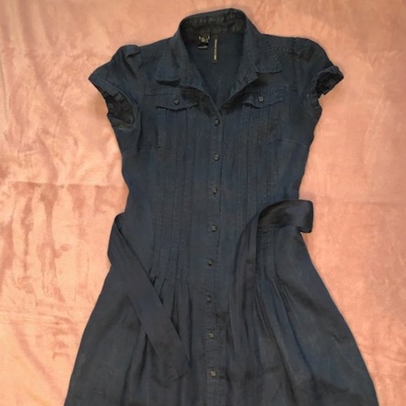 Navy Blue Belted Linen Dress - Picture 2 of 3